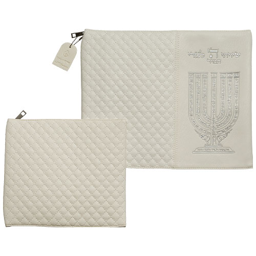 Leatherette Tallit & Tefillin Set 38*31 cm - White with Embossed Letters - Silver