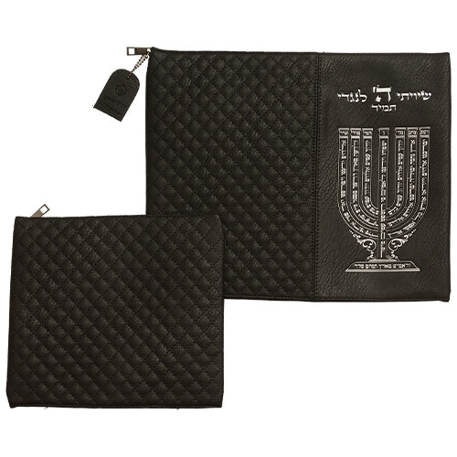 Leatherette Tallit - Tefillin Set 36*29 cm Black with Embossed Letters - Silver