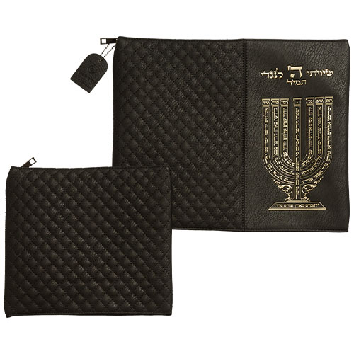 Leatherette Tallit - Tefillin Set 36*29 cm Black with Embossed Letters - Gold
