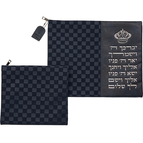 סט טלית תפילין דמוי עור אותיות בולטות "יברכך" כסף 31×38 ס״מ