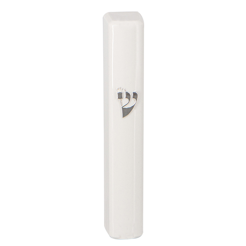 Plastic Mezuzah with Rubber Cork 12 cm- White with Silver Shin - Without Holes