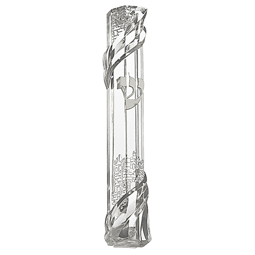 Plastic Clear Mezuzah with Rubber Cork 12 cm - "Jerusalem" with Silver Shin