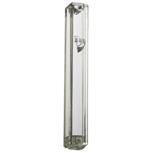 Clear Plastic Mezuzah with Rubber Cork 15 cm- with Silver Shin (28952)