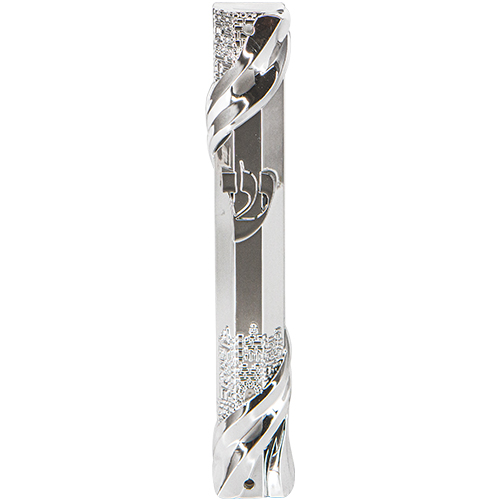 Plastic Mezuzah with Rubber Cork 12 cm- Jerusalem Theme in Silver