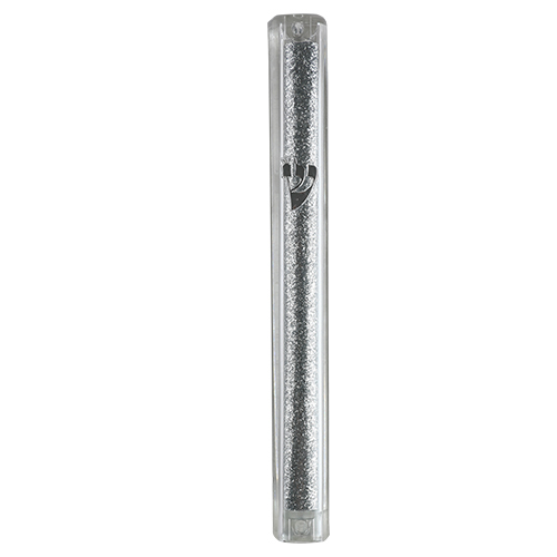 Plastic Glitter Clear Mezuzah with Rubber Cork 15 cm- with Silver Shin