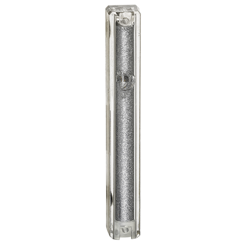Plastic Glitter Clear Mezuzah with Rubber Cork 12 cm- with Silver Shin