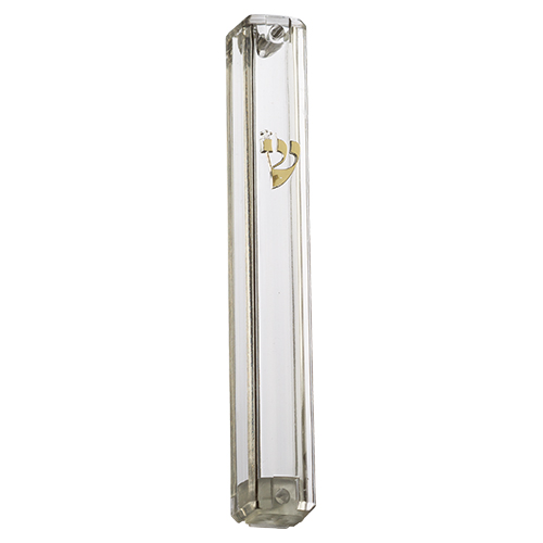 Clear Plastic Mezuzah with Rubber Cork 15 cm- with Gold Shin (28282)