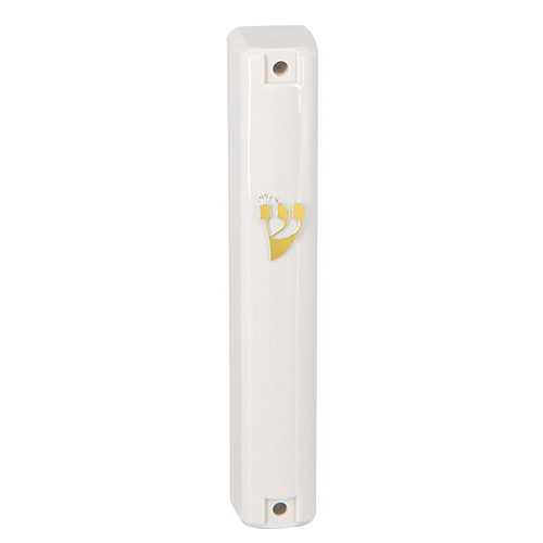 Plastic Mezuzah with Rubber Cork 15 cm- White with Gold Shin
