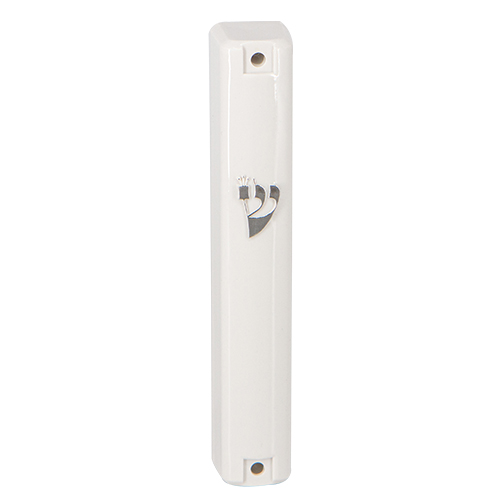 Plastic White Mezuzah with Rubber Cork 15 cm - with Silver Shin (28950)