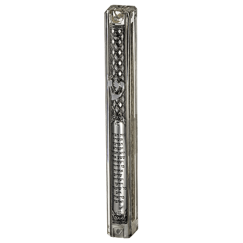 Clear Plastic Mezuzah with Rubber Cork 15 cm- with the Letter Shin and Plaque - Silver