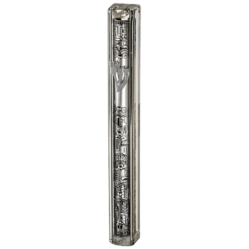 Clear Plastic Mezuzah with Rubber Cork 15 cm- with the Letter Shin and Plaque - Silver