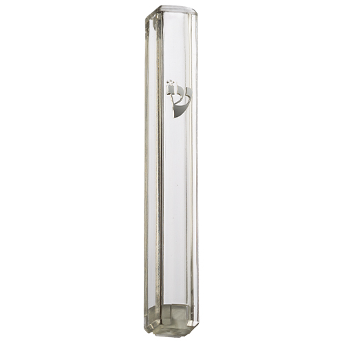 Plastic Clear Mezuzah with Rubber Cork 15cm- with the Letter Shin - Without Holes - Silver
