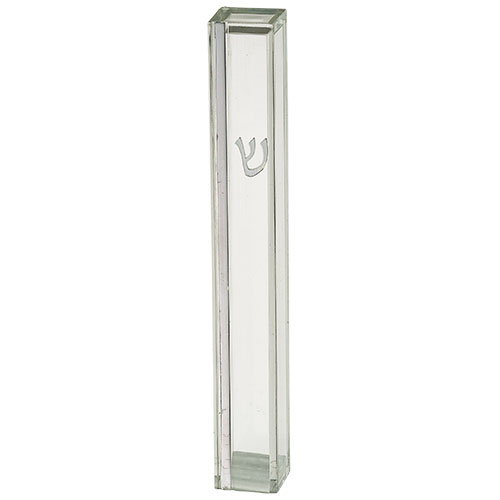 Clear Plastic Mezuzah 12 cm - Silver Shin & Stripe with Rubber Cork