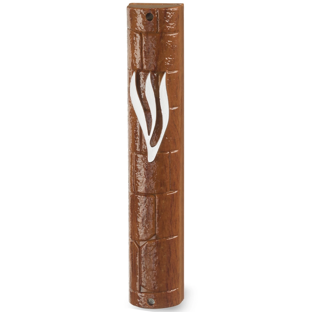 Plastic Mezuzah Wood Painted with Rubber Cork 12 cm- "the Kotel" with the Letter Shin - Silver