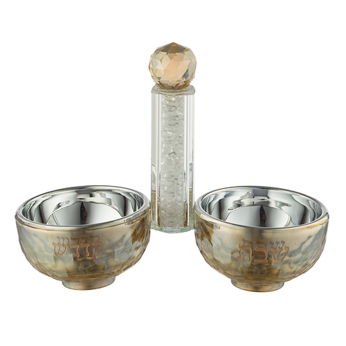 Crystal Set of Candlesticks ++ Kiddush Cup ++ Salt & Pepper Stand with Stones