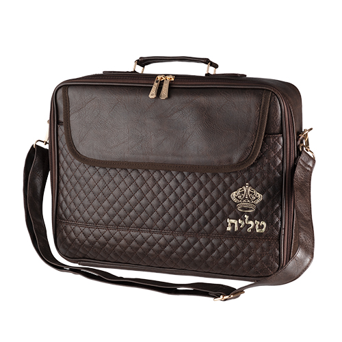 תיק טלית גדול גוון חום כהה דמוי עור מפואר אותיות בולטות "כתר" 43×36 ס״מ