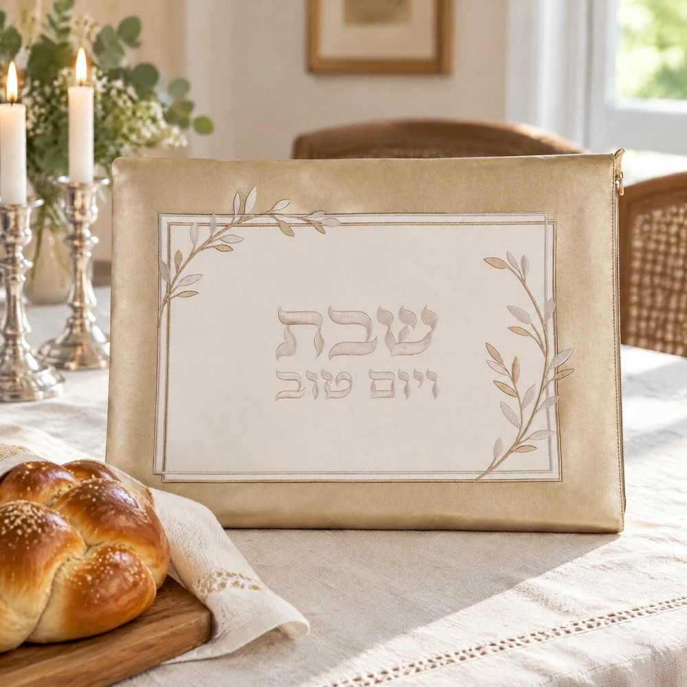 תיק חלה מהודר דמוי עור עם רוכסן לבן וברונזה