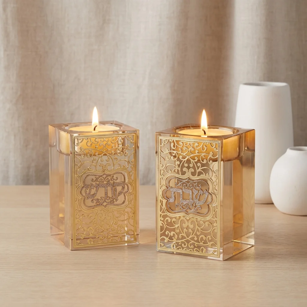 Crystal Candlesticks with Metal Plaque - Gold