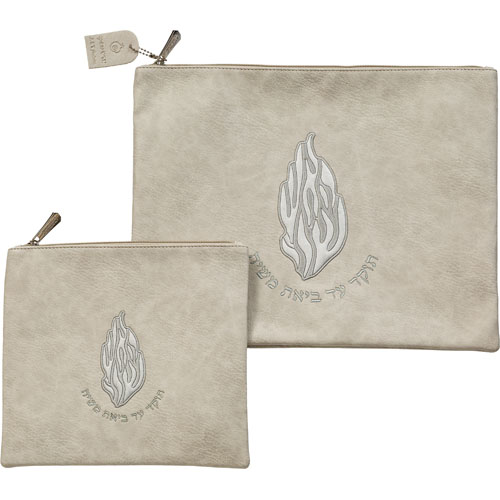 Leatherette Tallit - Tefillin Set 36*29 cm with Embossed Logo - Silver, with Silver Embroidery