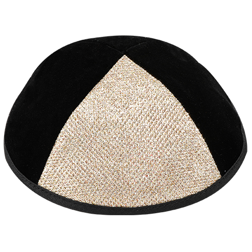 Velvet Plush Black Kippah 4 Parts, 19 cm Size 3 - Silver