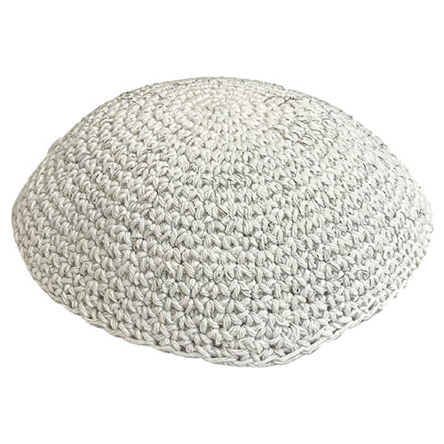Thick White Knitted Kippah 17 cm- Stripe - Silver