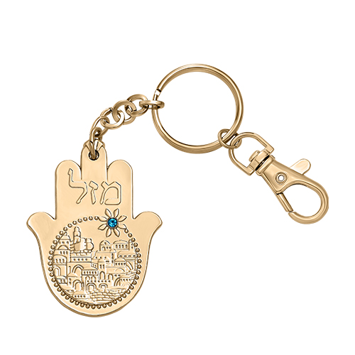 Metal Keyholder Hamsa "Mazal" 5.5 cm - Gold - with Stones