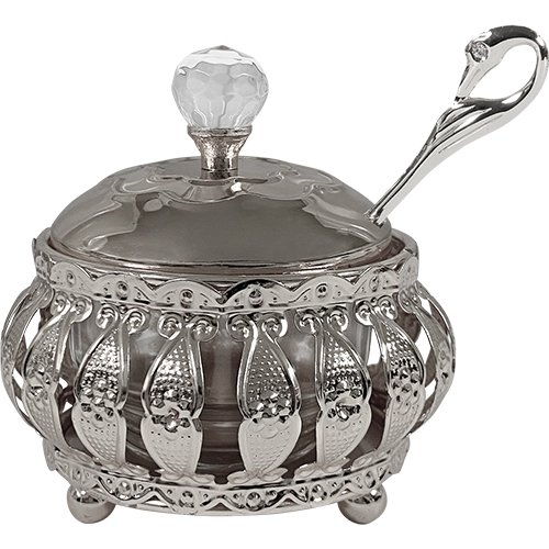 Metal Filigreen Honey Dish, 10 cm - Silver