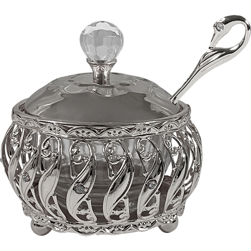 Metal Filigreen Honey Dish, 10 cm - Silver
