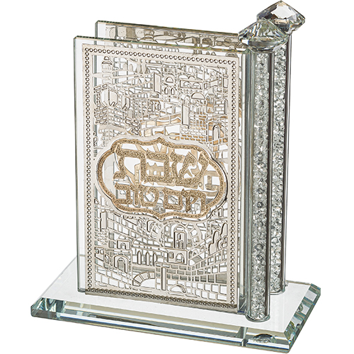 מעמד לגפרורים קריסטל עם פלקטות "ירושלים" 12×12 ס״מ
