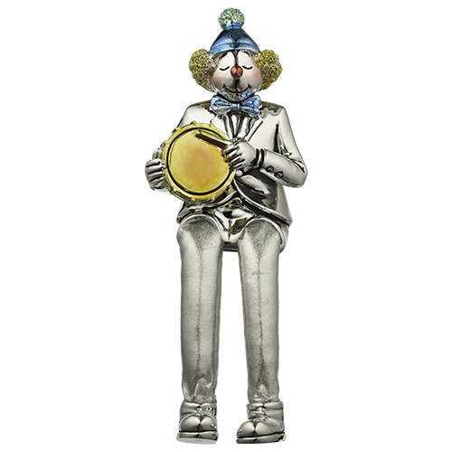 Polymer Clown Figurine with Cloth Legs 12 cm- Drum Player - Silvered