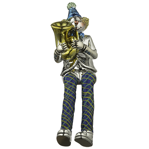 Polymer Clown Figurine with Cloth Legs 12 cm- Trombone Player - Silvered