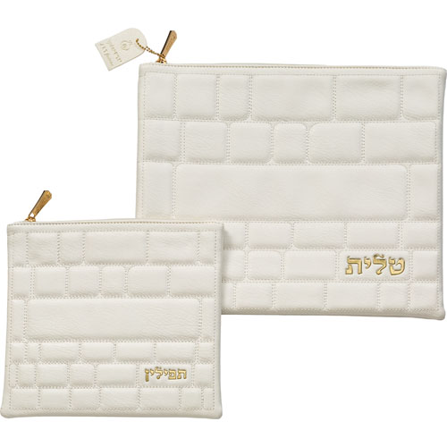 Leatherette Tallit - Tefillin Set 36*29 cm - Gold, White