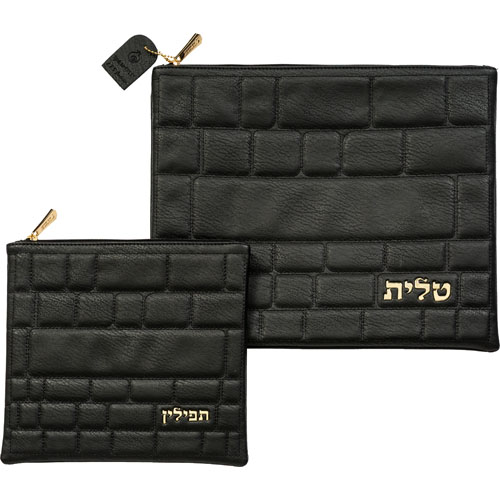 Leatherette Tallit - Tefillin Set 36*29 cm - Gold, Black