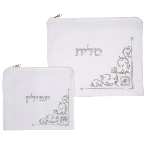 Velvet Talit-tefilin Set 36*29, White with Embroidery