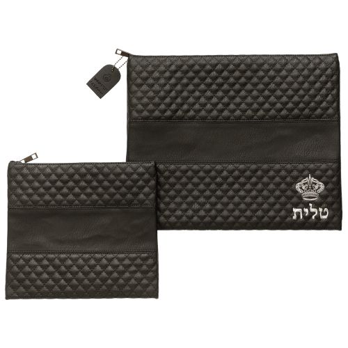 Leatherette Tallit - Tefillin Set 36*29 cm Black with Embossed Logo - Silver