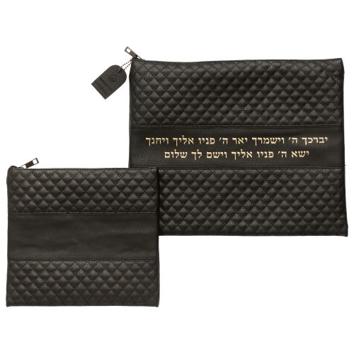 Leatherette Tallit - Tefillin Set 36*29 cm Black with Embossed Logo - Gold