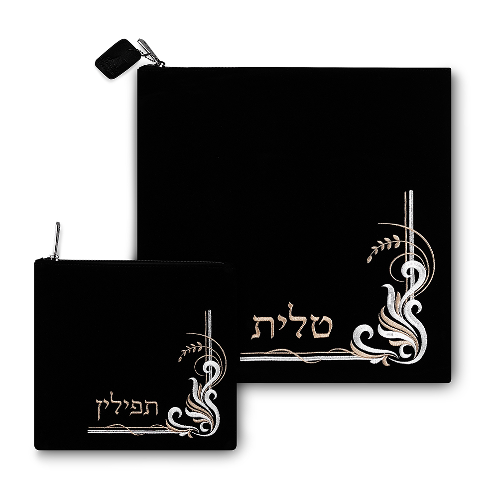 Velvet Tallit Tefillin Set 35.6*35.6 cm, Dark Blue with Embroidery