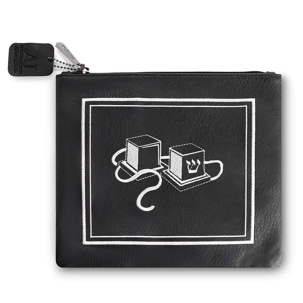 Faux Leather Tefillin Bag 21x23 cm, Black with Embroidery